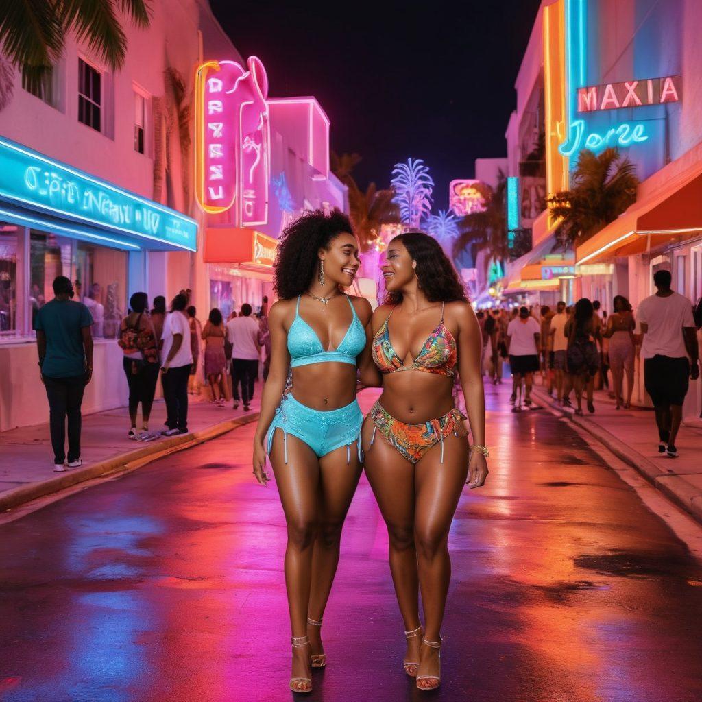 A lively Miami street scene at night, filled with colorful neon lights, showcasing diverse people celebrating life and embracing sex positivity. Include elements such as street performers, vibrant nightlife, and art murals reflecting empowerment and acceptance. Capture the essence of Miami's multicultural atmosphere with a festive vibe. super-realistic. vibrant colors. 3D.