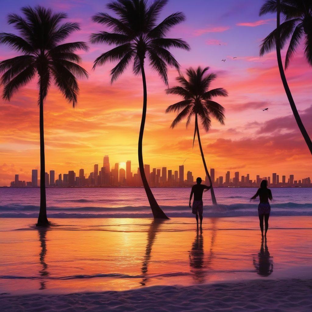 A vibrant Miami sunset casting colorful hues across the skyline, with silhouettes of diverse individuals engaged in conversation and celebration. Elements symbolizing community like palm trees, murals, and LGBTQ+ flags are integrated into the scene. The ocean gently lapping at the shore adds serenity, showcasing the richness of diversity and connection. super-realistic. vibrant colors. 3D.