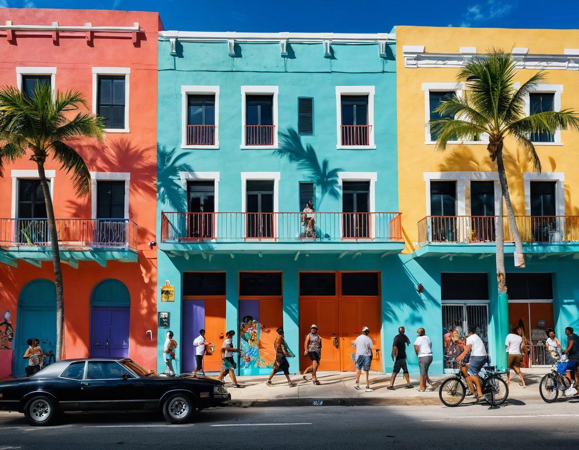 A vibrant, sun-soaked street scene in Miami showcasing a diverse group of people engaging in passionate discussions, with colorful murals in the background representing various narratives. Incorporate iconic Miami architecture like pastel-colored buildings and palm trees swaying in the breeze. Capture a sense of community and intimacy amidst the urban landscape. vibrant colors. super-realistic. dynamic composition.